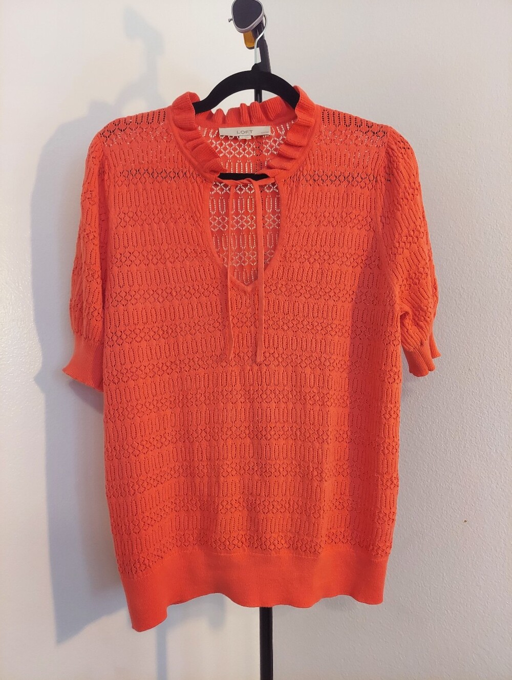 LOFT 100% Cotton Short Sleeve Coral Sweater Tassel Tie Front Top Size Petite L